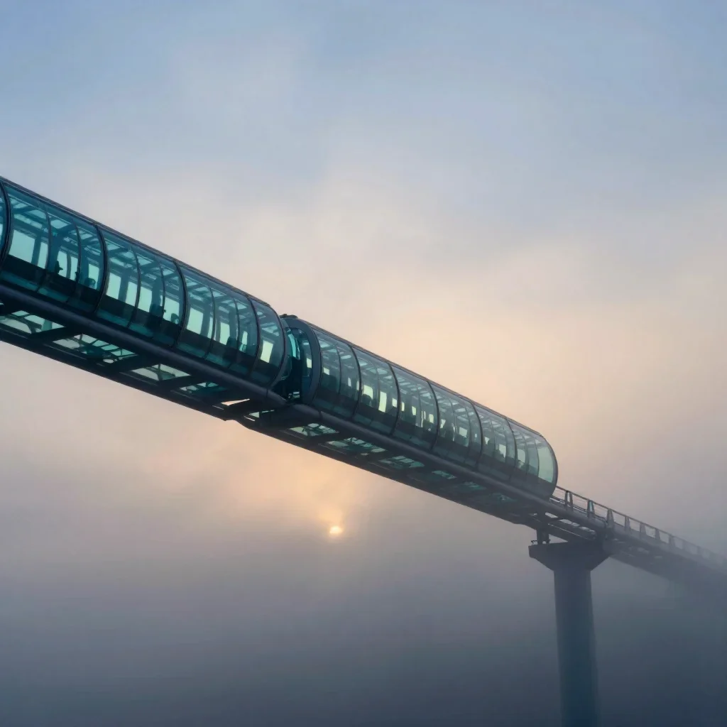 a glass monorail under soft dawn fog, quiet science-fiction concept art, careful geometric composition, cobalt and amber