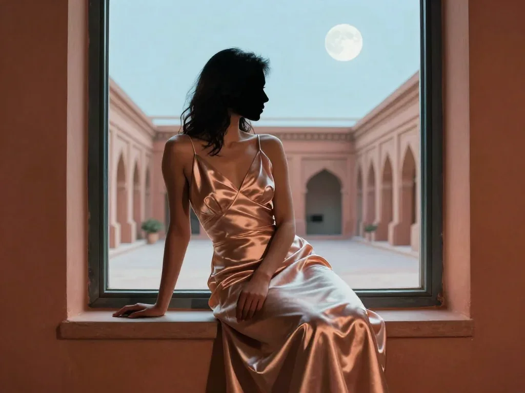 a young woman in a flowing silk gown in a seated silhouette against a window, in a moonlit palace courtyard, bold Helmut