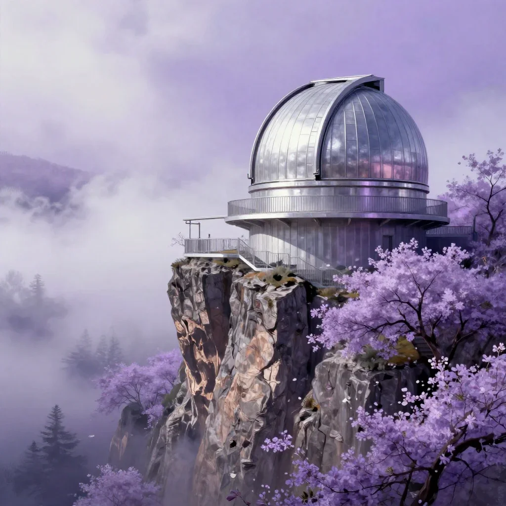 a cliffside observatory in early spring mist, modernist poster illustration, crisp material detail, lavender and silver 