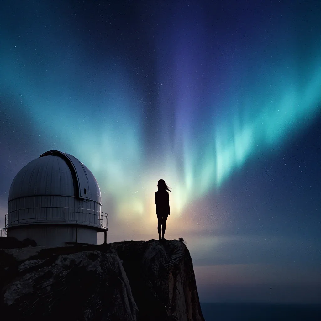 a cliffside observatory beneath an aurora, dreamlike fine-art landscape photography, subtle film grain, cobalt and amber