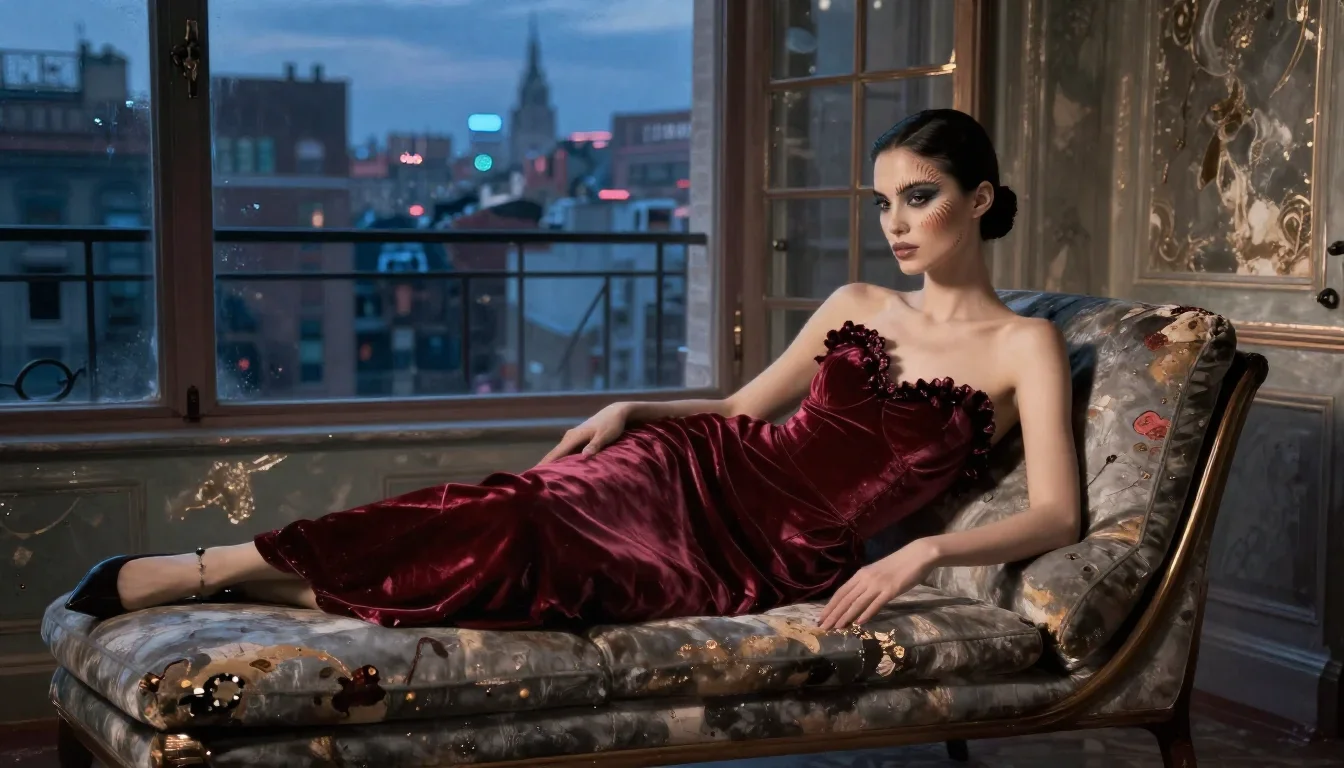 a couture catwalk muse with razor cheekbones reclining elegantly on a chaise, in a blue-hour city apartment, dreamlike f