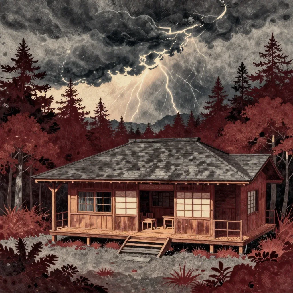 a forest tea house after a distant thunderstorm, Japanese woodblock-inspired editorial art, weathered tactile surfaces, 