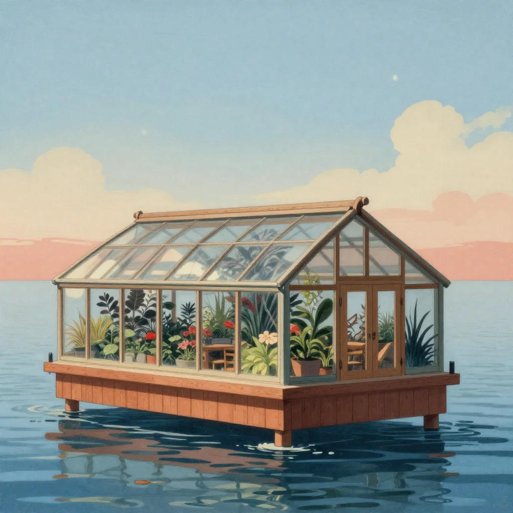 a floating botanical conservatory in a gentle sea breeze, Japanese woodblock-inspired editorial art, calm negative space
