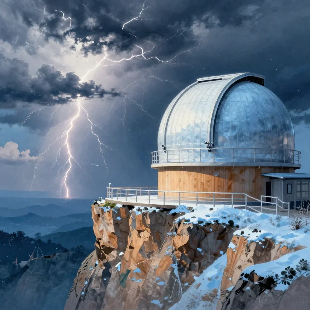 a cliffside observatory after a distant thunderstorm, Japanese woodblock-inspired editorial art, soft volumetric light, 