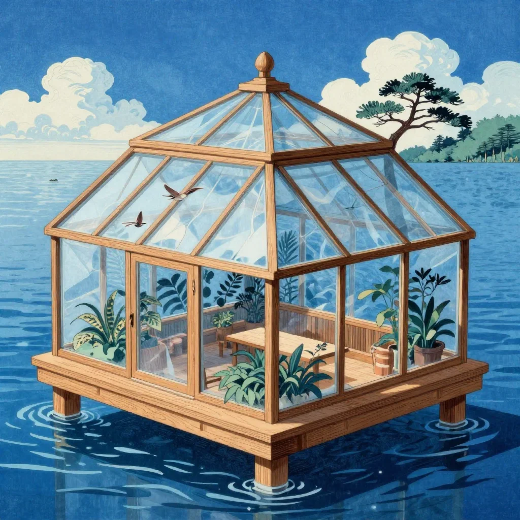 a floating botanical conservatory in a gentle sea breeze, Japanese woodblock-inspired editorial art, careful geometric c