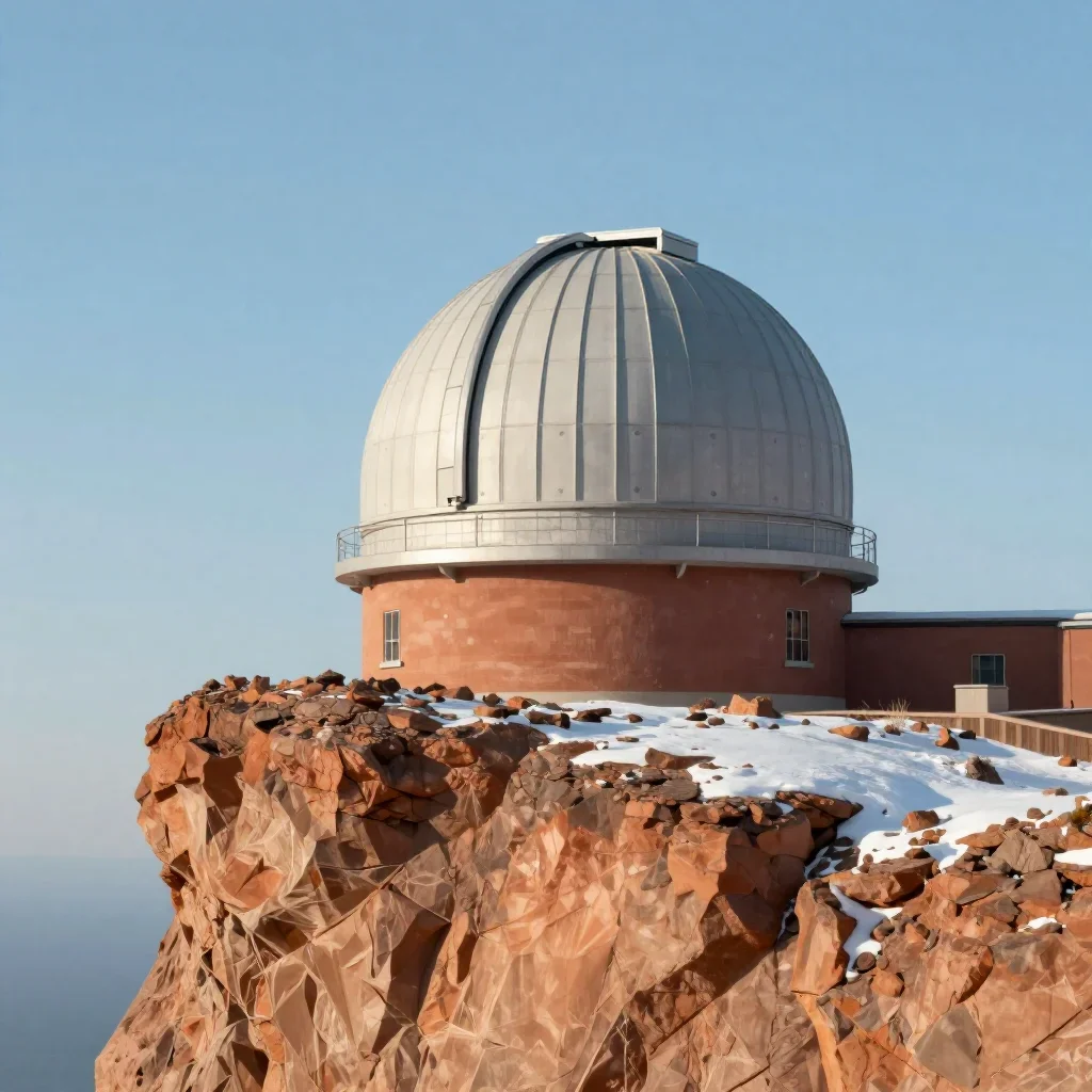 a cliffside observatory in crisp winter sunlight, quiet science-fiction concept art, careful geometric composition, terr