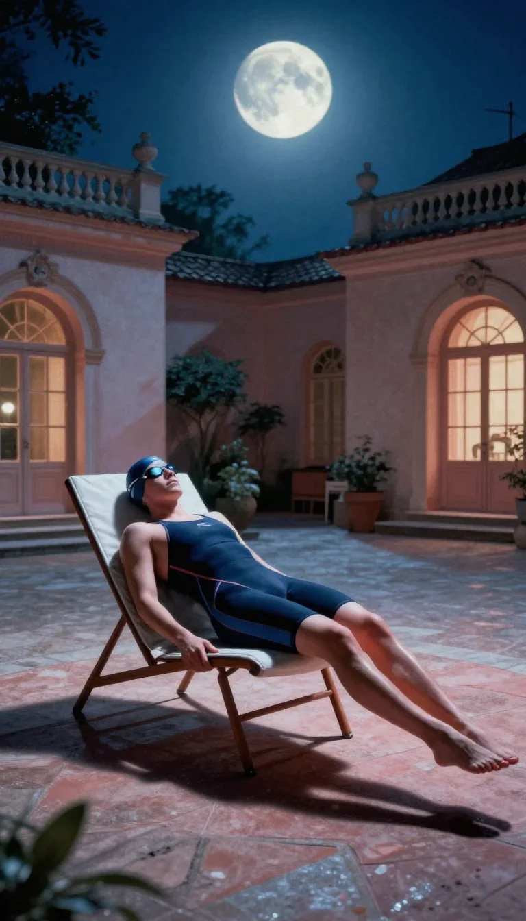 a swimmer before the plunge in a racing suit reclining elegantly on a chaise, in a moonlit palace courtyard, soft-grain
