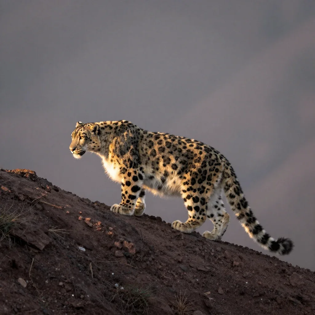 a snow leopard crossing a ridge at first light, macro natural-history photography, restrained color harmony, garnet and 