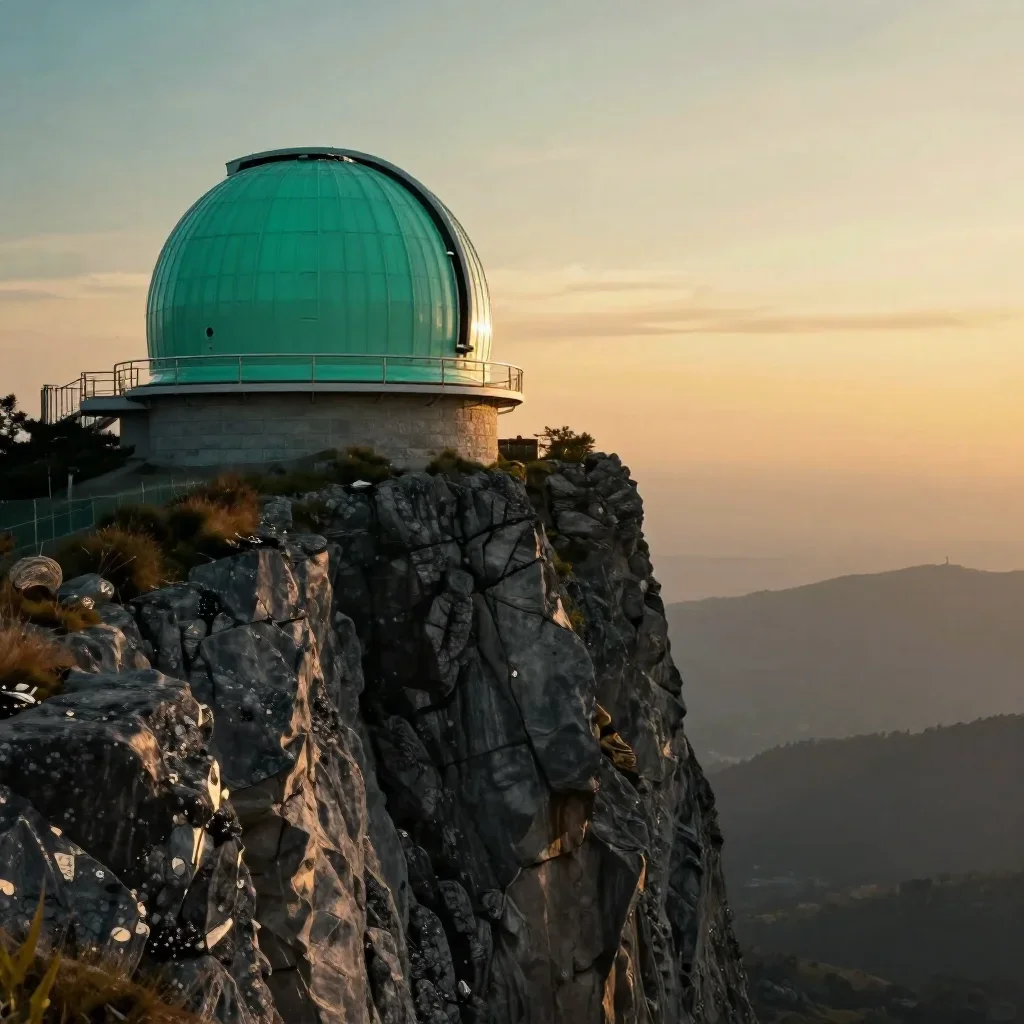 a cliffside observatory during golden hour, dreamlike fine-art landscape photography, soft volumetric light, jade and ch
