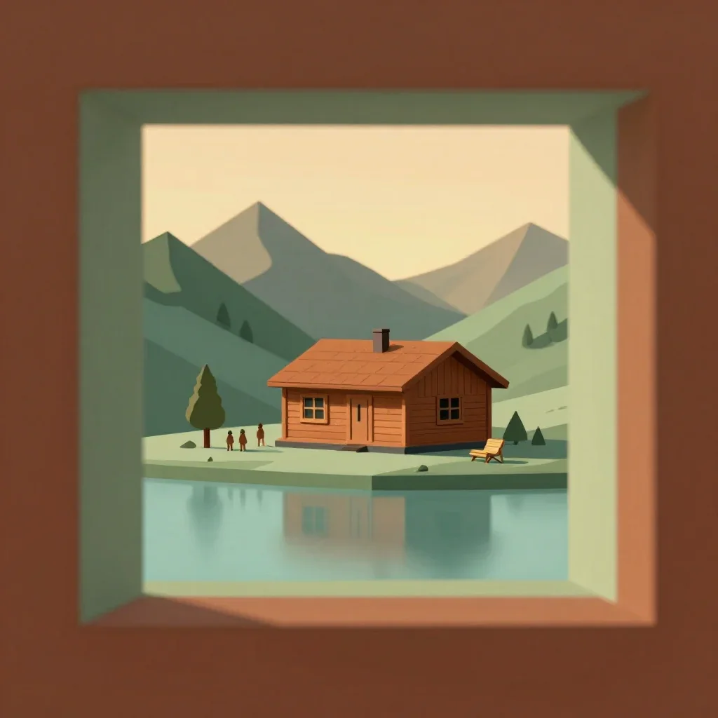 a cedar cabin beside an alpine lake during golden hour, minimal geometric 3D art, layered foreground framing, rust and s