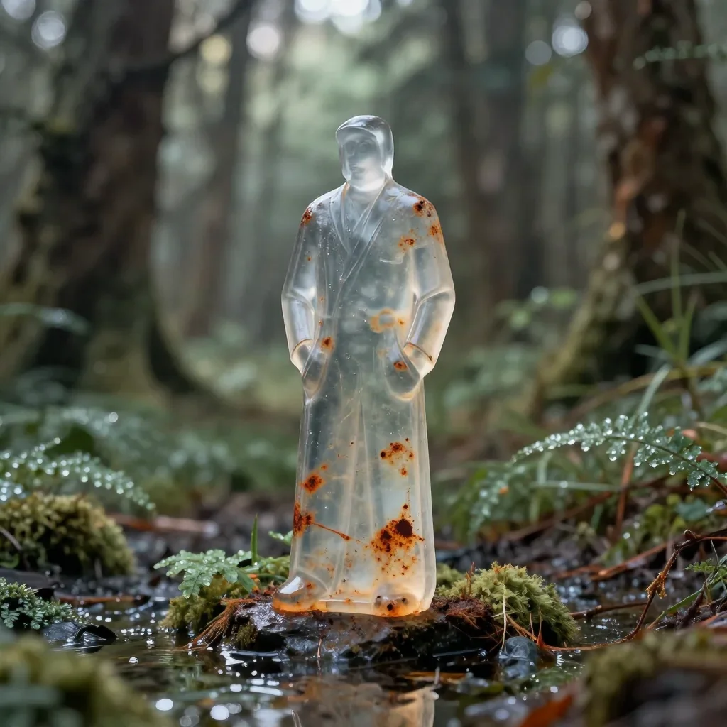 a siren at the waterline in a translucent slip standing tall with hands in pockets, in a dewy forest clearing, mythology