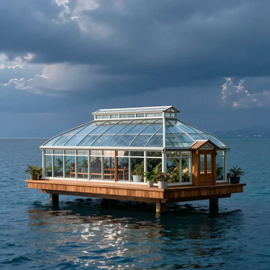 a floating botanical conservatory in a gentle sea breeze, cinematic architectural photography, calm negative space, ice