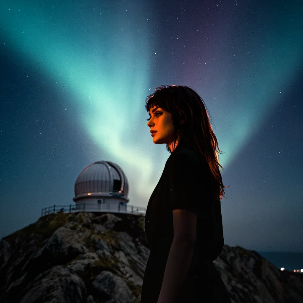 a cliffside observatory beneath an aurora, soft-grain analog film photography, atmospheric depth, cobalt and amber palet