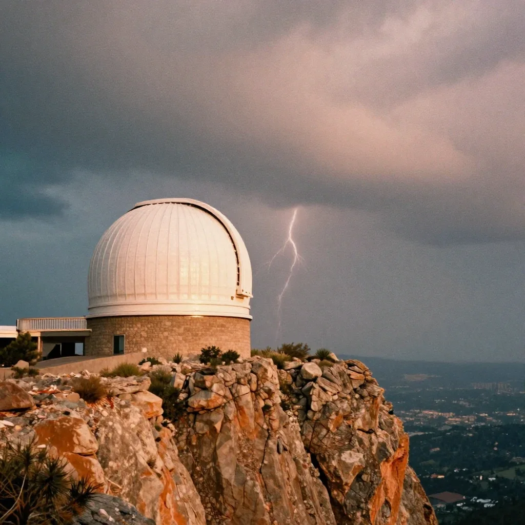 a cliffside observatory after a distant thunderstorm, soft-grain analog film photography, subtle film grain, ochre and u