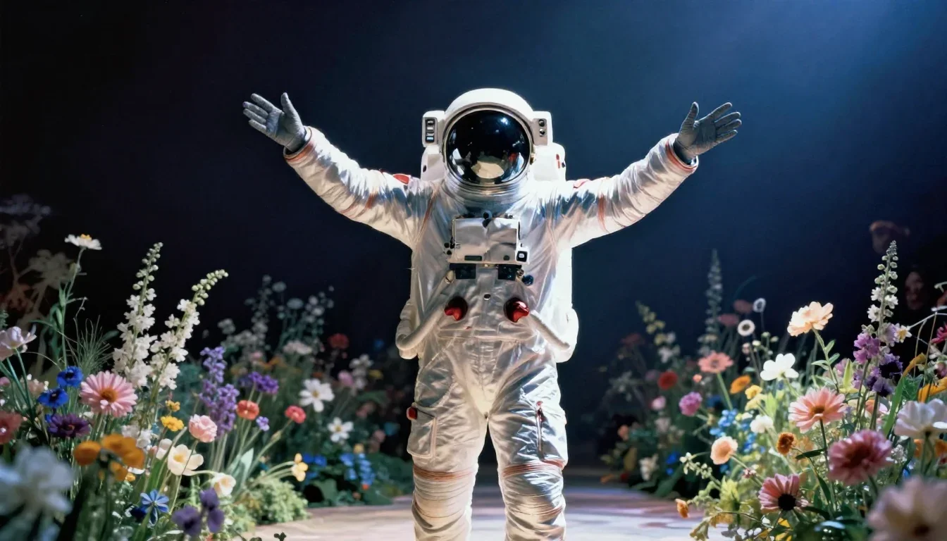 an astronaut in a reflective bodysuit among wildflowers in a bold, open-armed welcome, on a midnight dance floor, soft-g