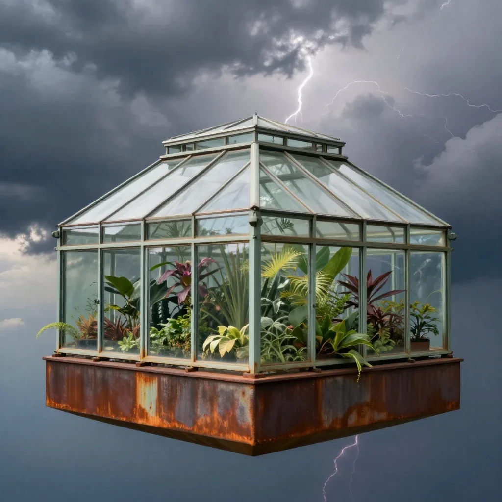 a floating botanical conservatory after a distant thunderstorm, high-end design magazine photography, careful geometric 
