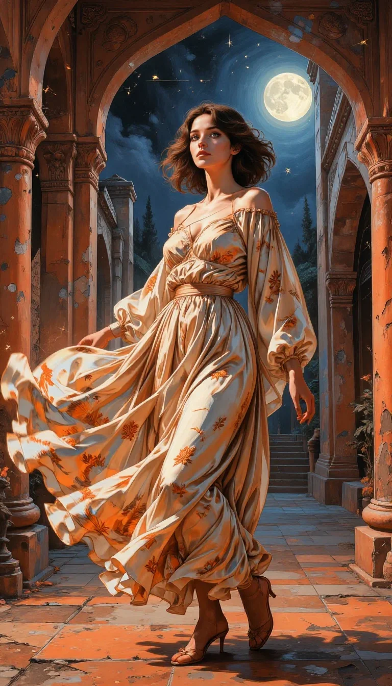 a young woman in a flowing silk gown mid-turn with fabric catching the light, in a moonlit palace courtyard, Vogue-style