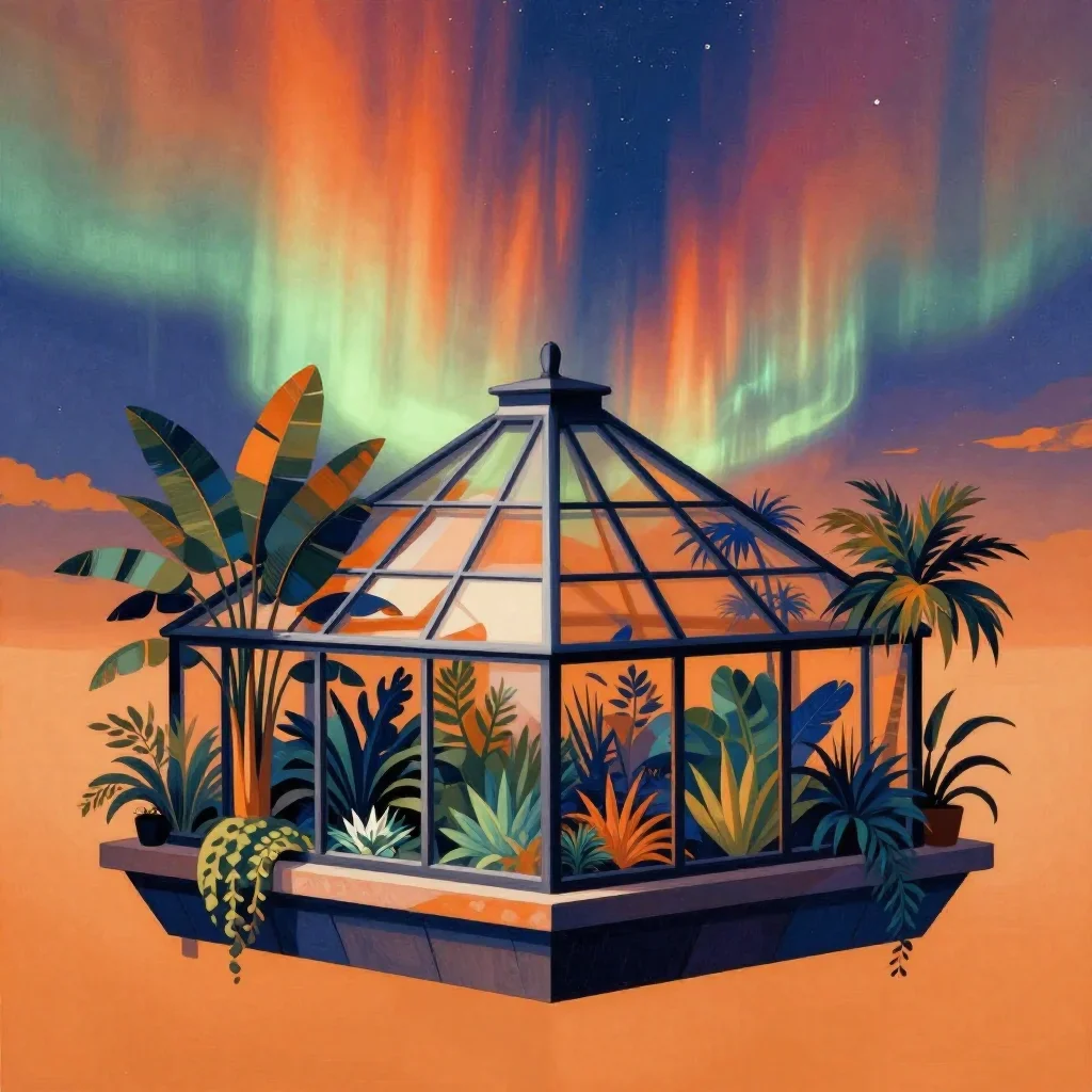 a floating botanical conservatory beneath an aurora, contemporary botanical illustration, careful geometric composition,
