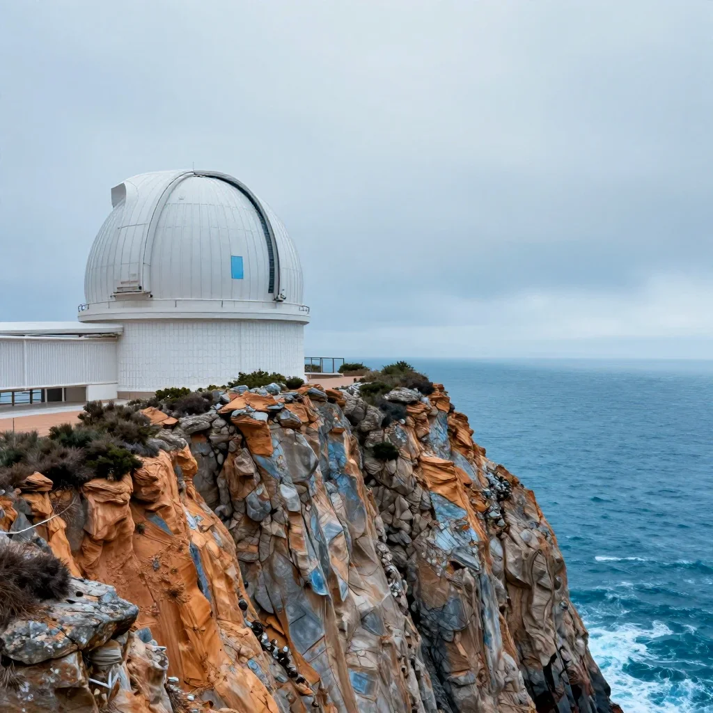 a cliffside observatory under overcast coastal light, dreamlike fine-art landscape photography, atmospheric depth, ice b