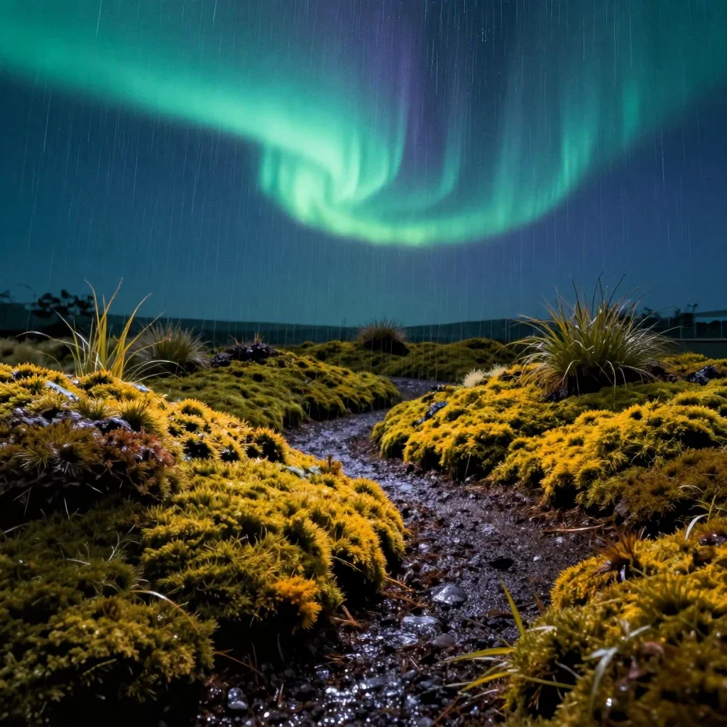 a moss garden after rain beneath an aurora, museum-quality still-life photography, restrained color harmony, cobalt and