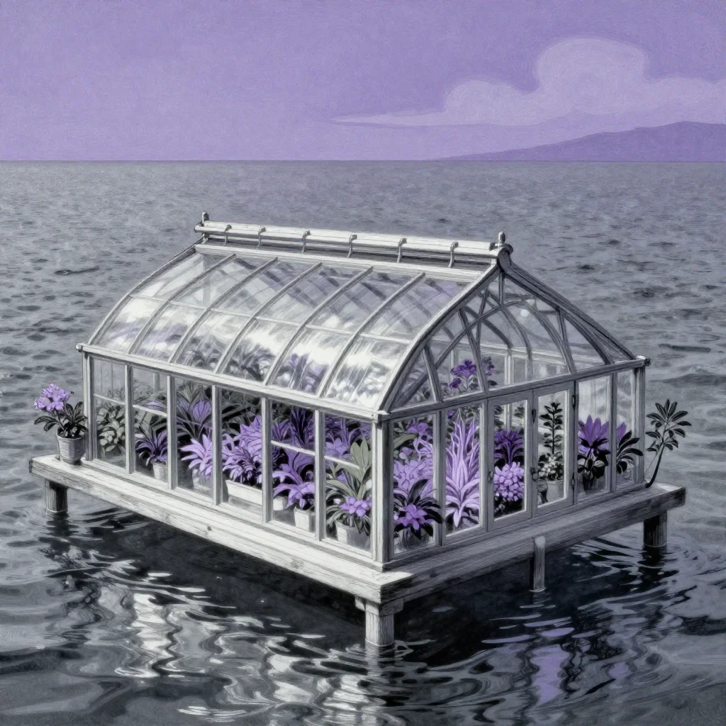 a floating botanical conservatory in a gentle sea breeze, Japanese woodblock-inspired editorial art, restrained color ha