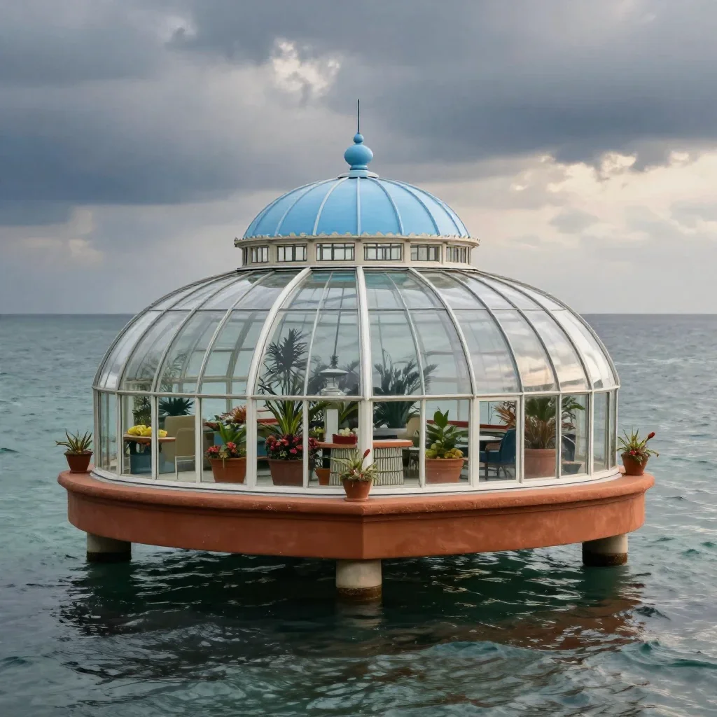 a floating botanical conservatory in a gentle sea breeze, refined editorial travel photography, atmospheric depth, terra