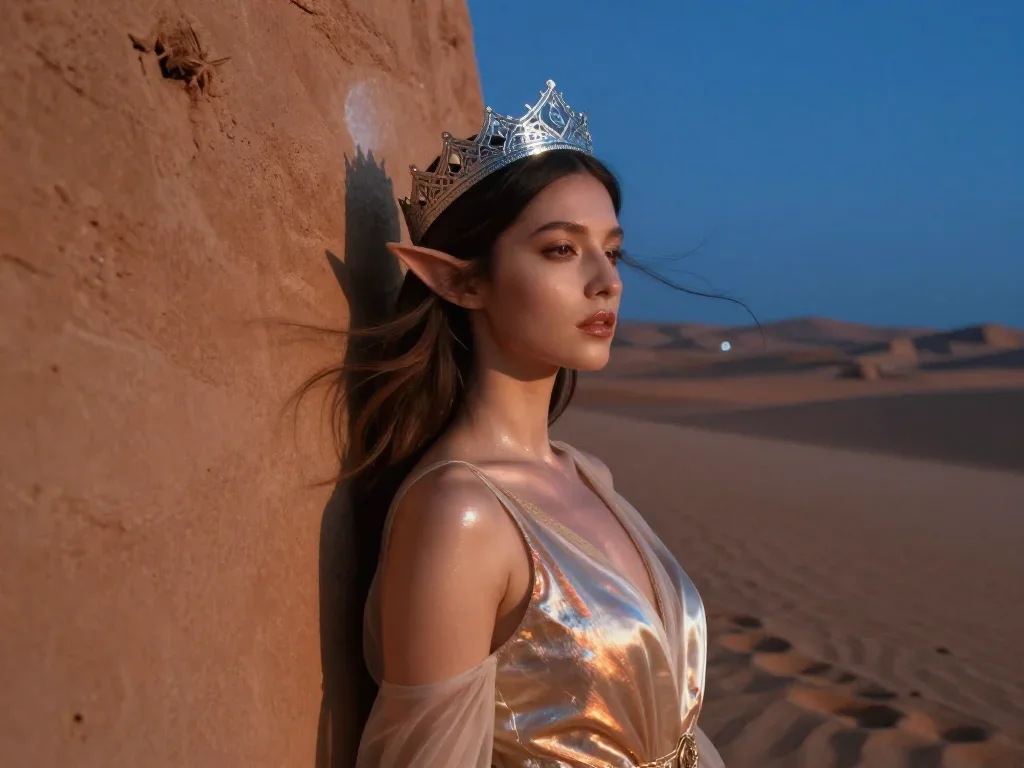 an elven queen in a moonlit silver crown in a wind-swept lean against a wall, in a silent desert at twilight, bold Helmu