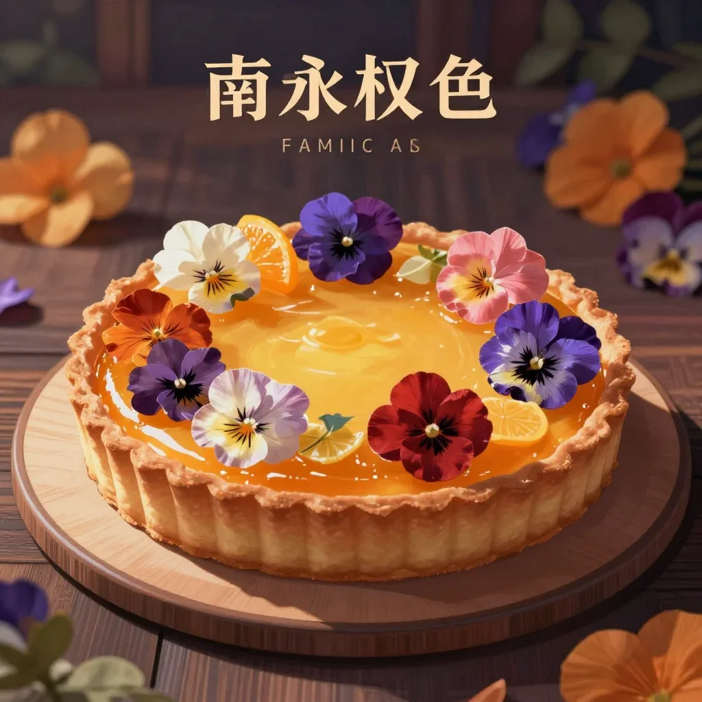 a citrus tart with edible flowers at first light, Japanese woodblock-inspired editorial art, layered foreground framing,
