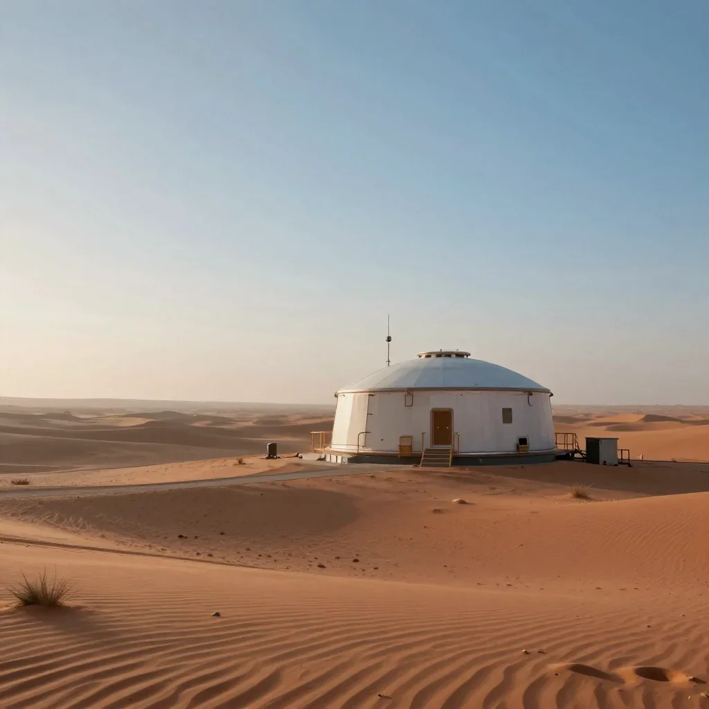 a desert research station in quiet late-afternoon haze, quiet science-fiction concept art, soft volumetric light, terrac