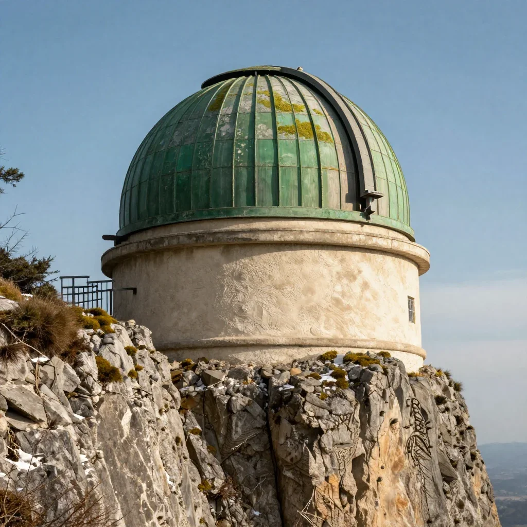 a cliffside observatory in crisp winter sunlight, cinematic architectural photography, weathered tactile surfaces, moss