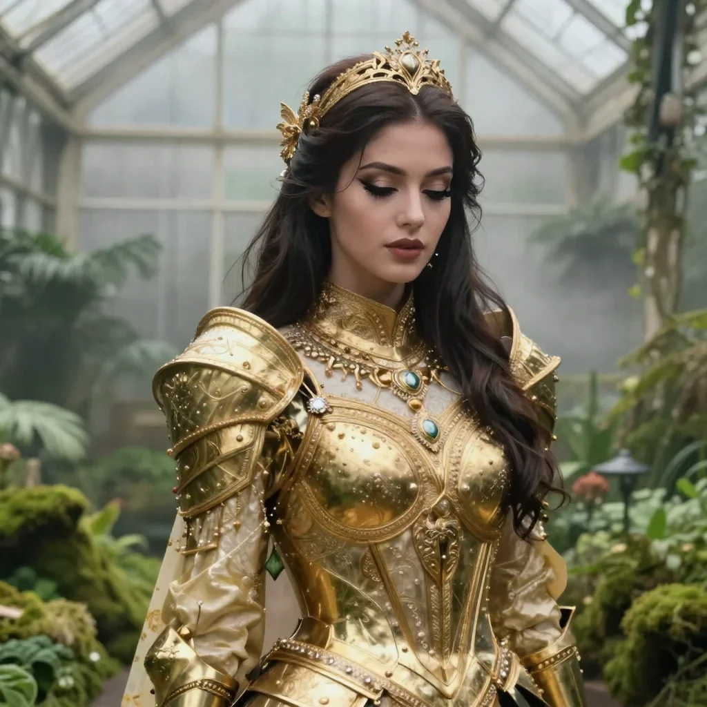 a warrior queen in ornate gilded armor in a coy glance from under lowered lashes, in a greenhouse humid with mist, edito