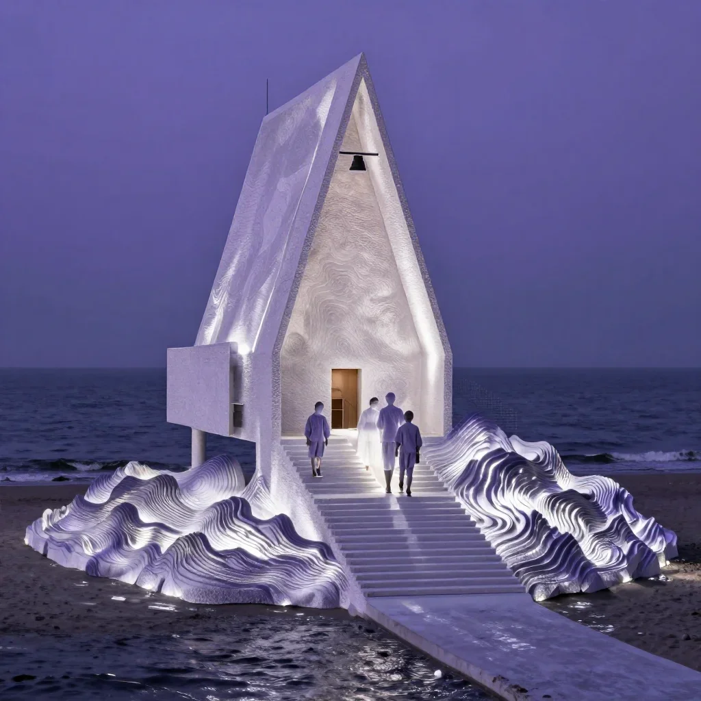 a topographic sculpture made of light in a gentle sea breeze, cinematic architectural photography, restrained color harm