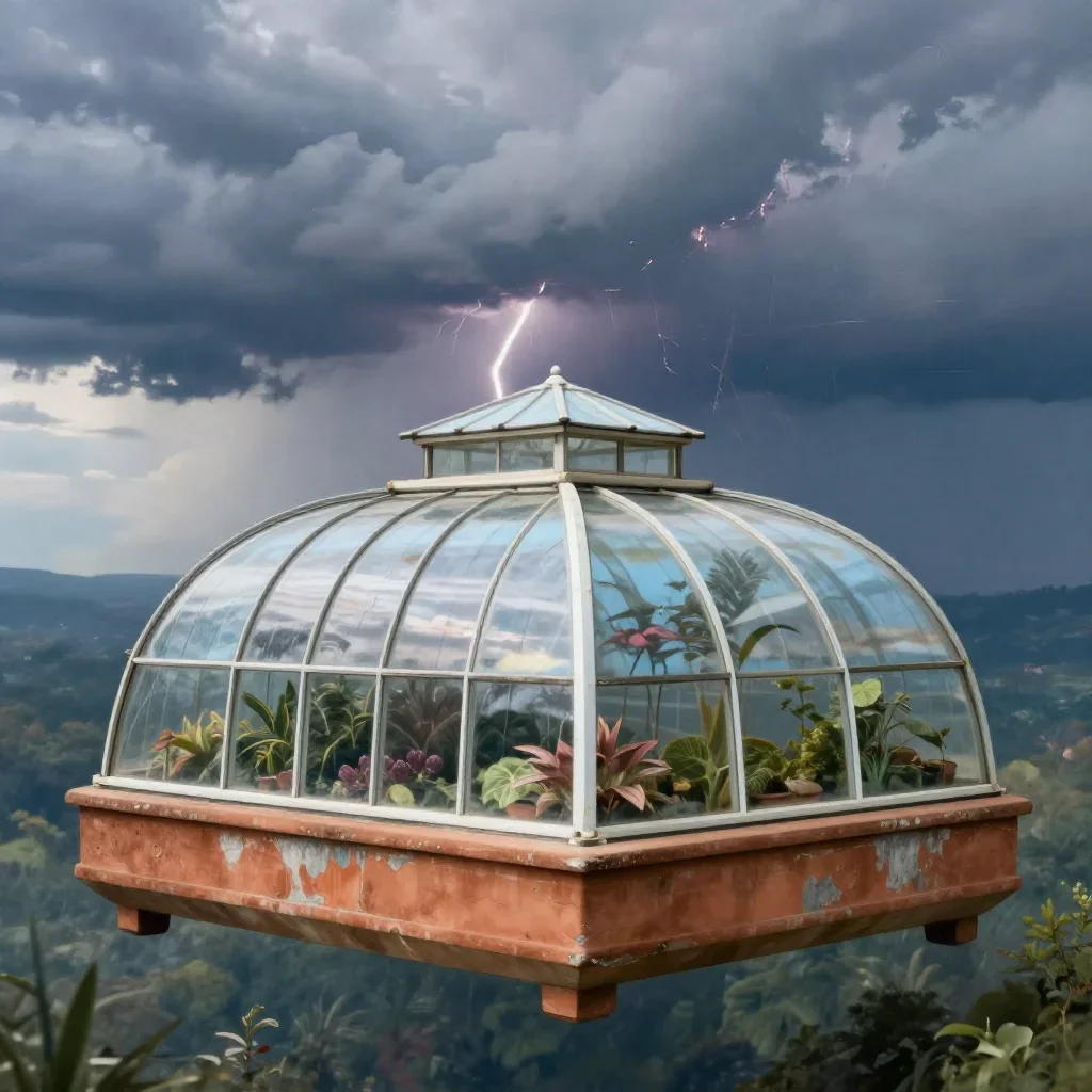 a floating botanical conservatory after a distant thunderstorm, dreamlike fine-art landscape photography, weathered tact