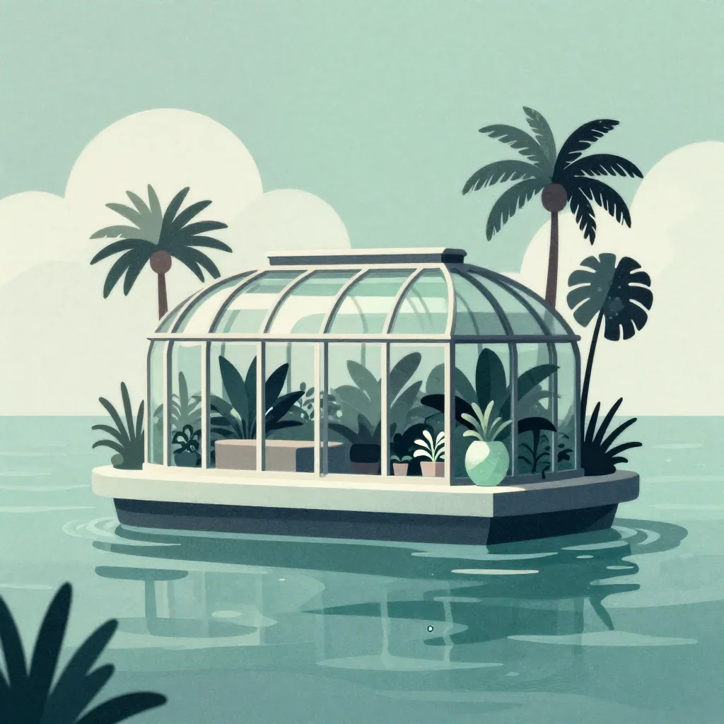 a floating botanical conservatory in a gentle sea breeze, modernist poster illustration, subtle film grain, jade and cha