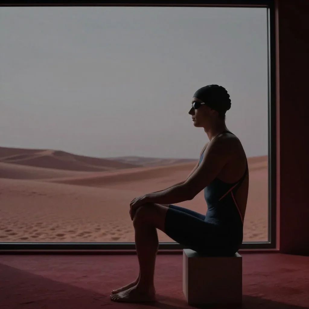 a swimmer before the plunge in a racing suit in a seated silhouette against a window, in a silent desert at twilight, Vogue-style studio portraiture, shallow depth of field, garnet and warm grey palette, no text, no l...