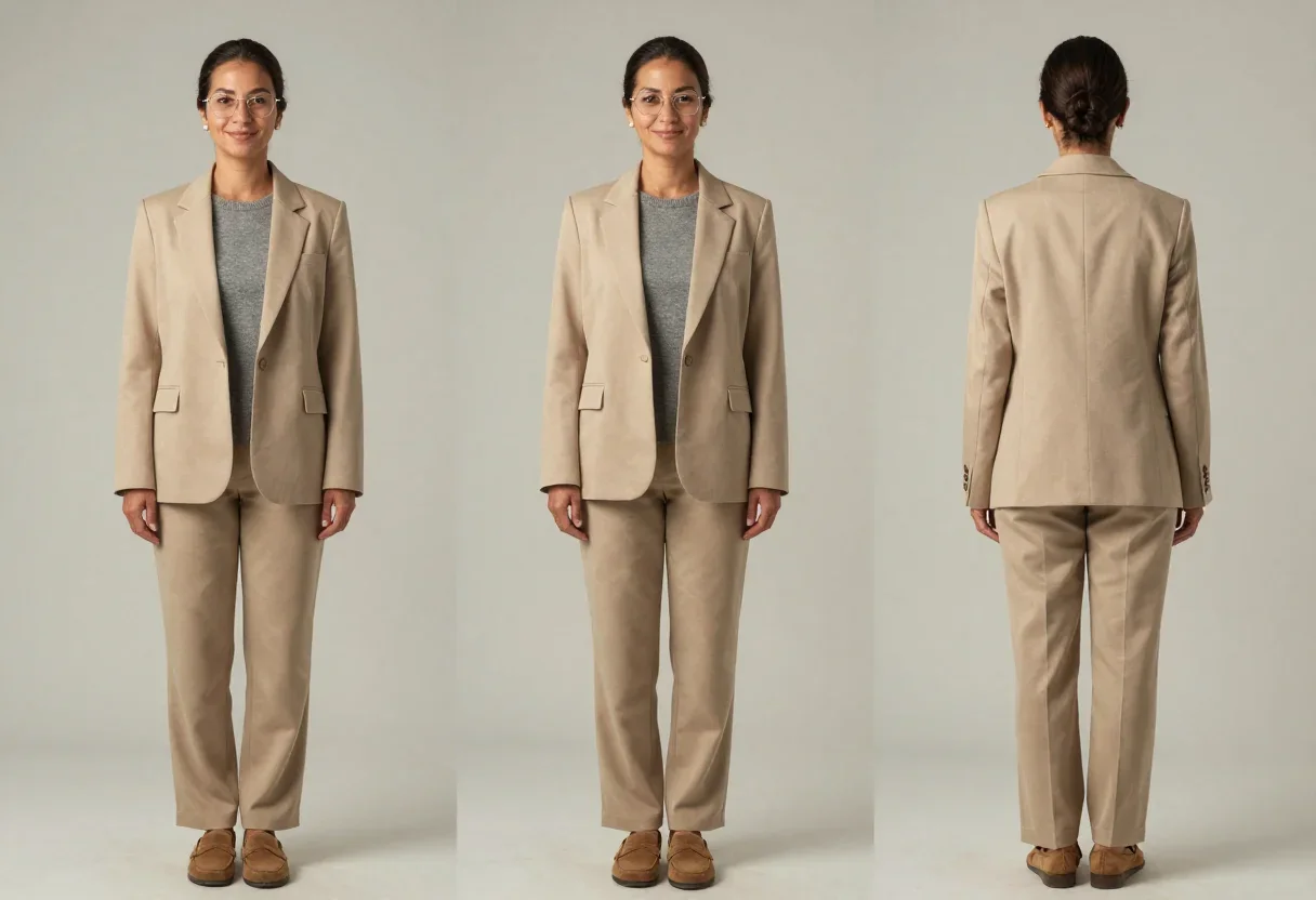 Adult woman, late 30s–40s, warm light-brown / Latina-Mediterranean complexion, oval face with soft cheekbones, fine expr