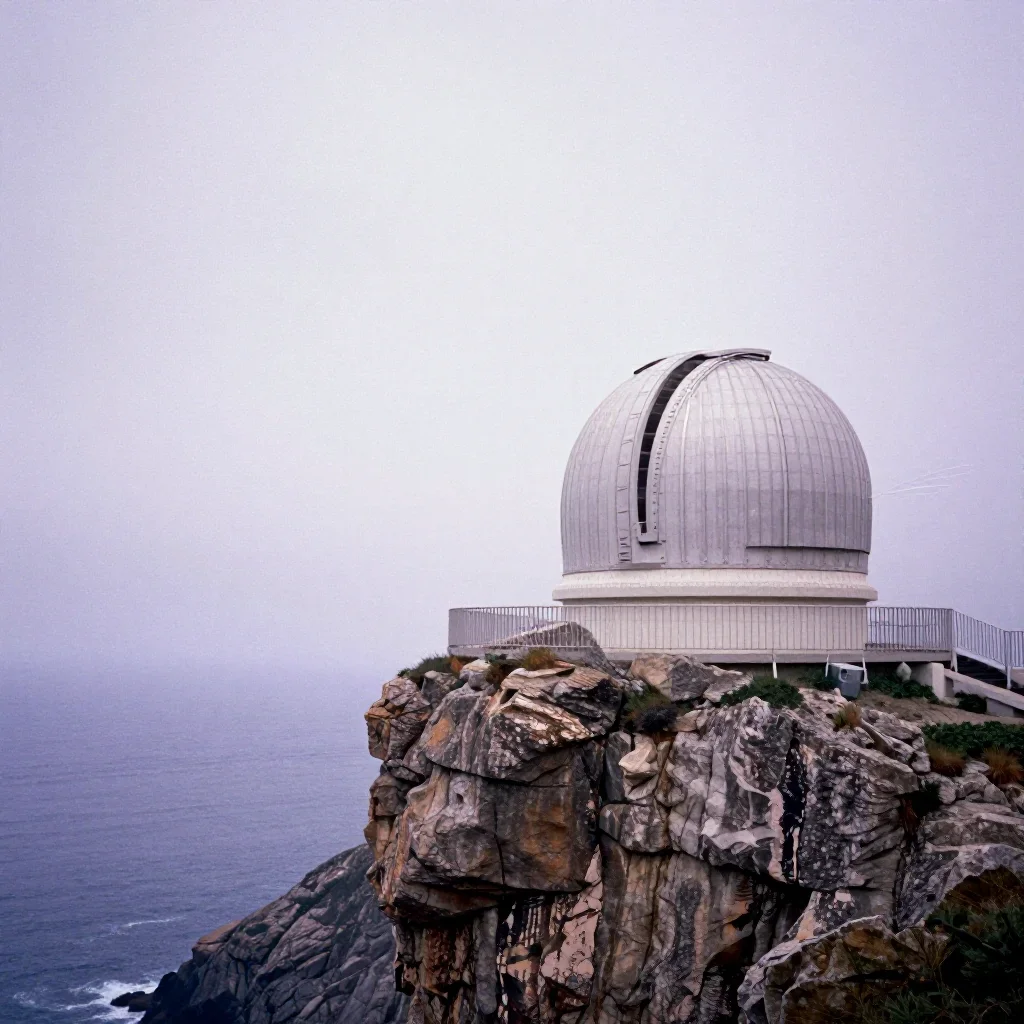 a cliffside observatory under overcast coastal light, soft-grain analog film photography, subtle film grain, lavender an