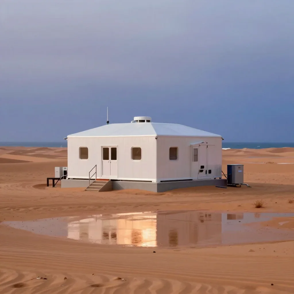 a desert research station under overcast coastal light, museum-quality still-life photography, gentle reflected light, o