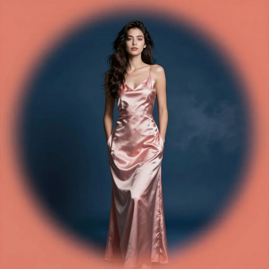 a young woman in a flowing silk gown standing tall with hands in pockets, in a smoke-lit photo studio, bold Helmut Newto