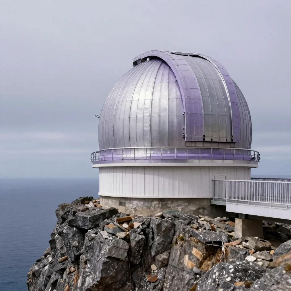 a cliffside observatory under overcast coastal light, cinematic architectural photography, crisp material detail, lavend