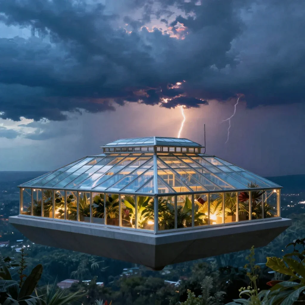 a floating botanical conservatory after a distant thunderstorm, cinematic architectural photography, careful geometric c