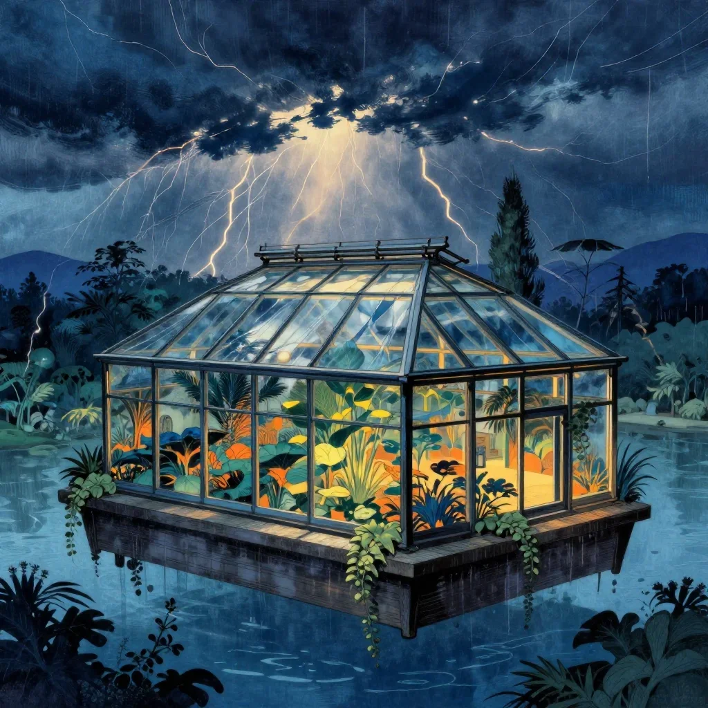 a floating botanical conservatory after a distant thunderstorm, Japanese woodblock-inspired editorial art, atmospheric d