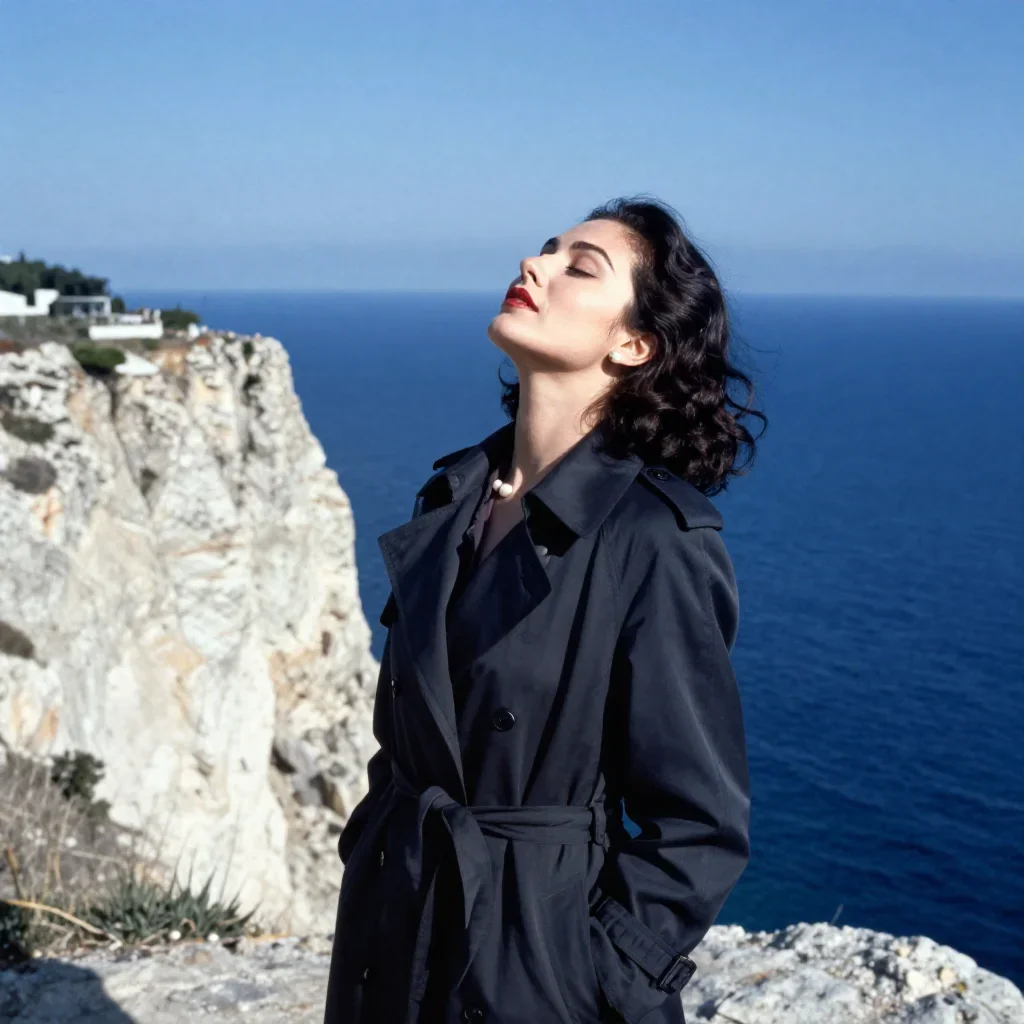 a noir detective's femme fatal muse in a trench coat in a deep breath with eyes closed, on a sun-drenched cliffside, cin