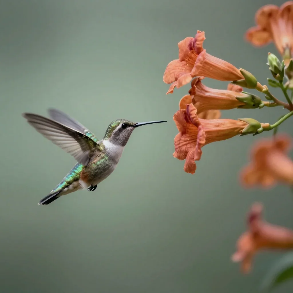 a hummingbird beside trumpet flowers under diffused skylight, cinematic architectural photography, atmospheric depth, ru