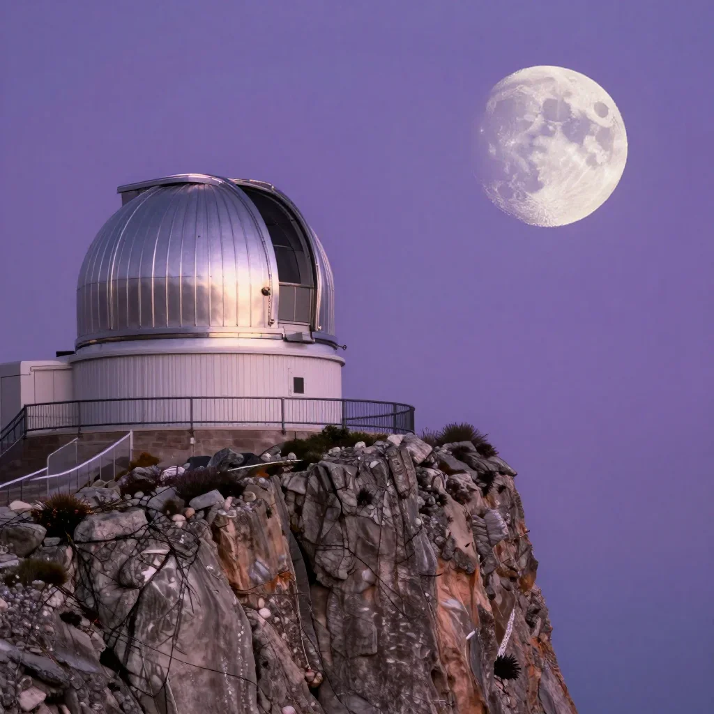 a cliffside observatory at moonrise, refined editorial travel photography, soft volumetric light, lavender and silver pa