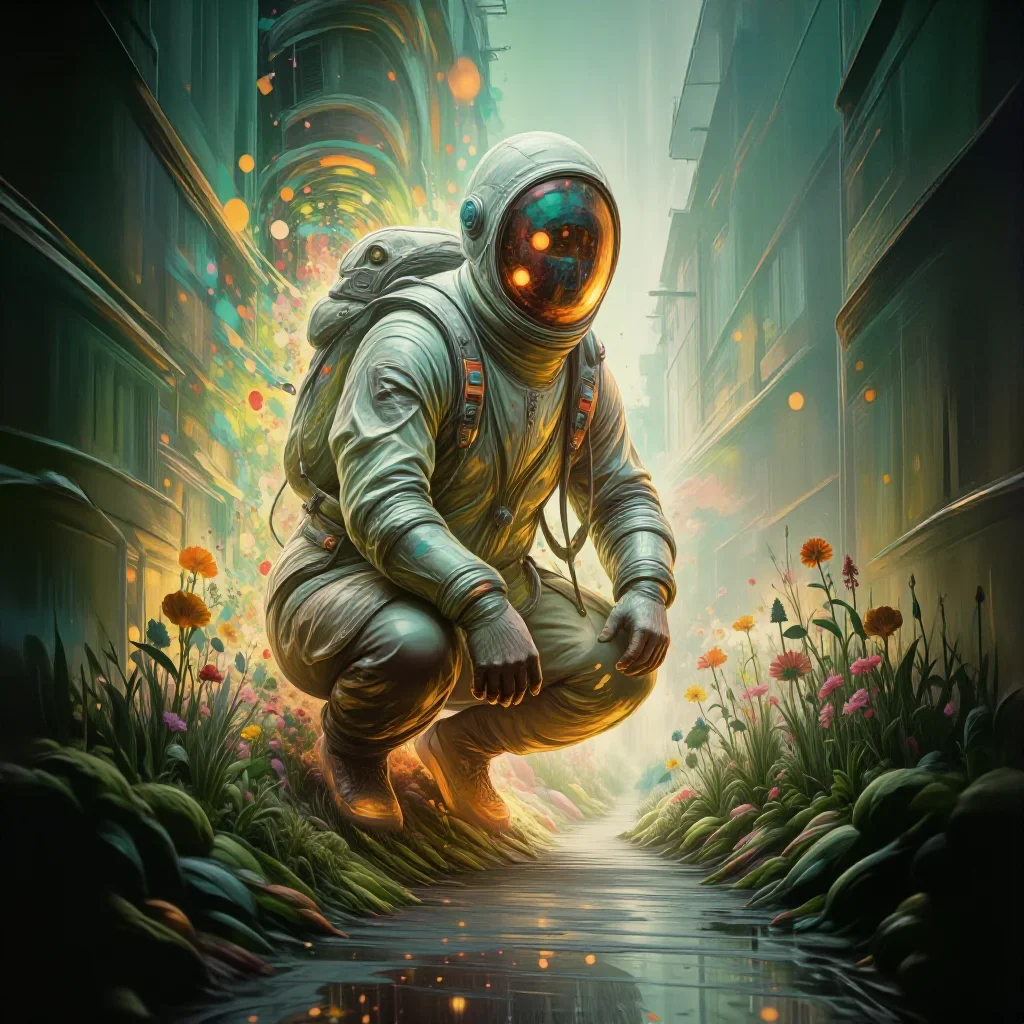 an astronaut in a reflective bodysuit among wildflowers in a low lunge with a lifted chin, in a rain-slick neon alley, f