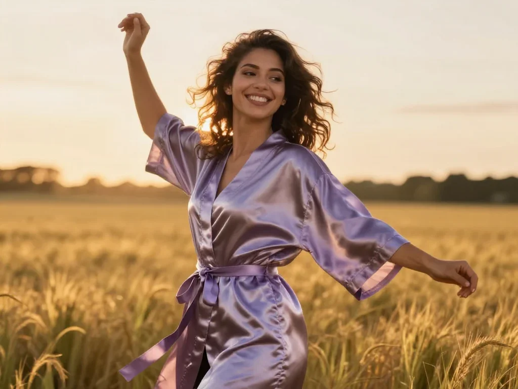 a smiley lounge singer in a satin robe mid-turn with fabric catching the light, in a backlit golden-hour field, Renaissa