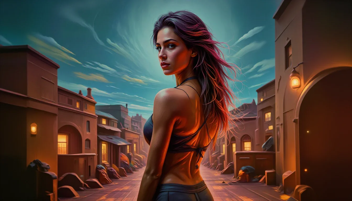 a fitness creator stretching in a sunlit loft in an alluring over-the-shoulder glance, on a neon-lit rooftop at midnight