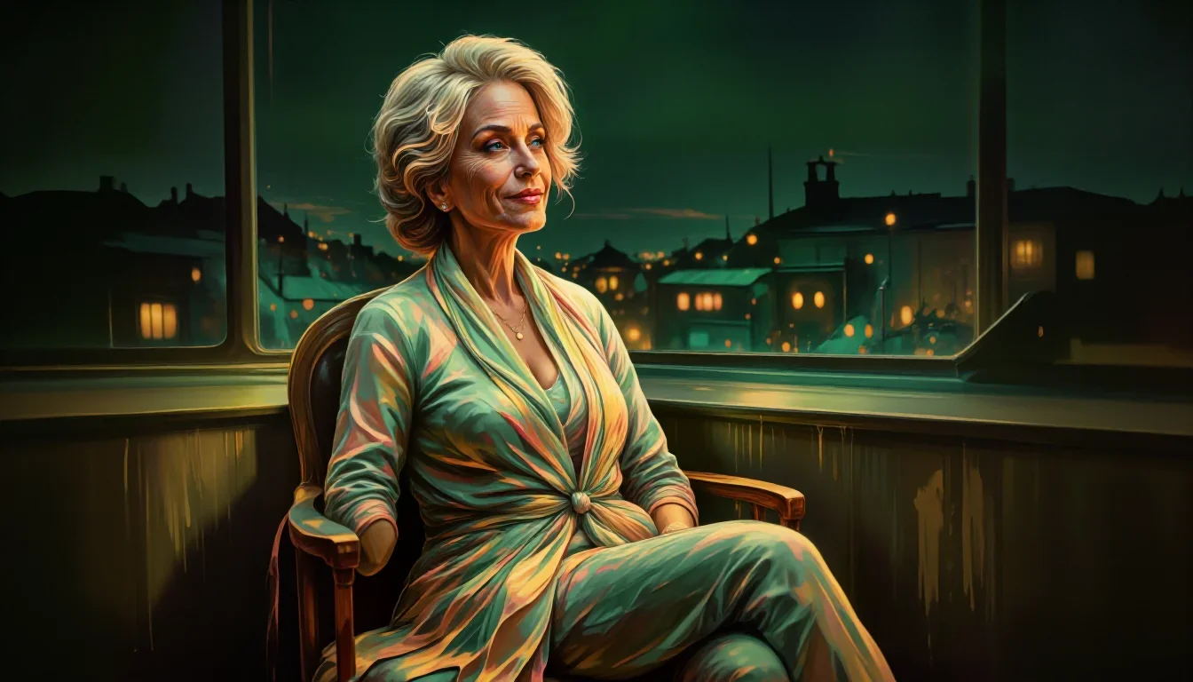 an elegant older stateswoman in a silk scarf reclining elegantly on a chaise, on a neon-lit rooftop at midnight, Vogue-s