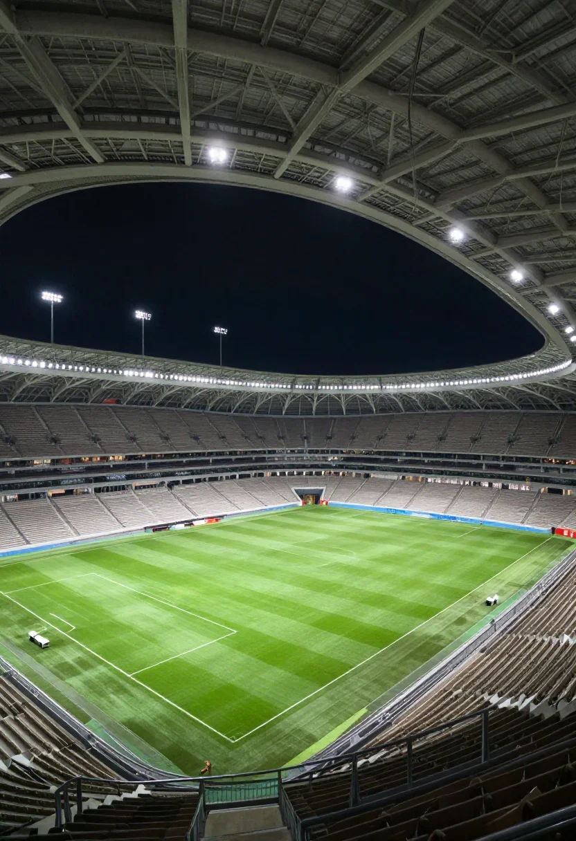 Massive world-class football stadium, FIFA World Cup–level mega-arena, night, deserted — empty stands, empty pitch, no p